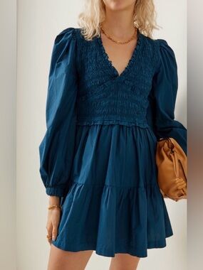 Sea New York Gaia Aagean Blue Long Sleeved Smocked Mini Dress | Size 8